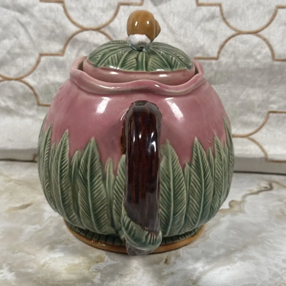 Nouveau Majolica Teapot Pink with Green Leaves Snail on Lid